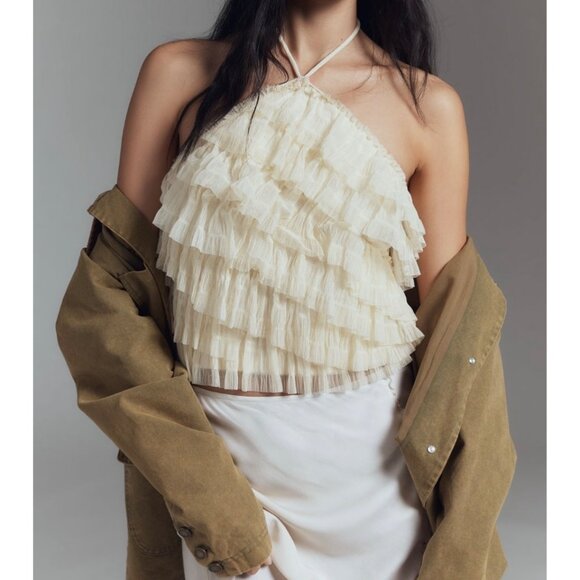 Anthropologie Halter Ruffle Top Size L Ivory - Picture 1 of 5